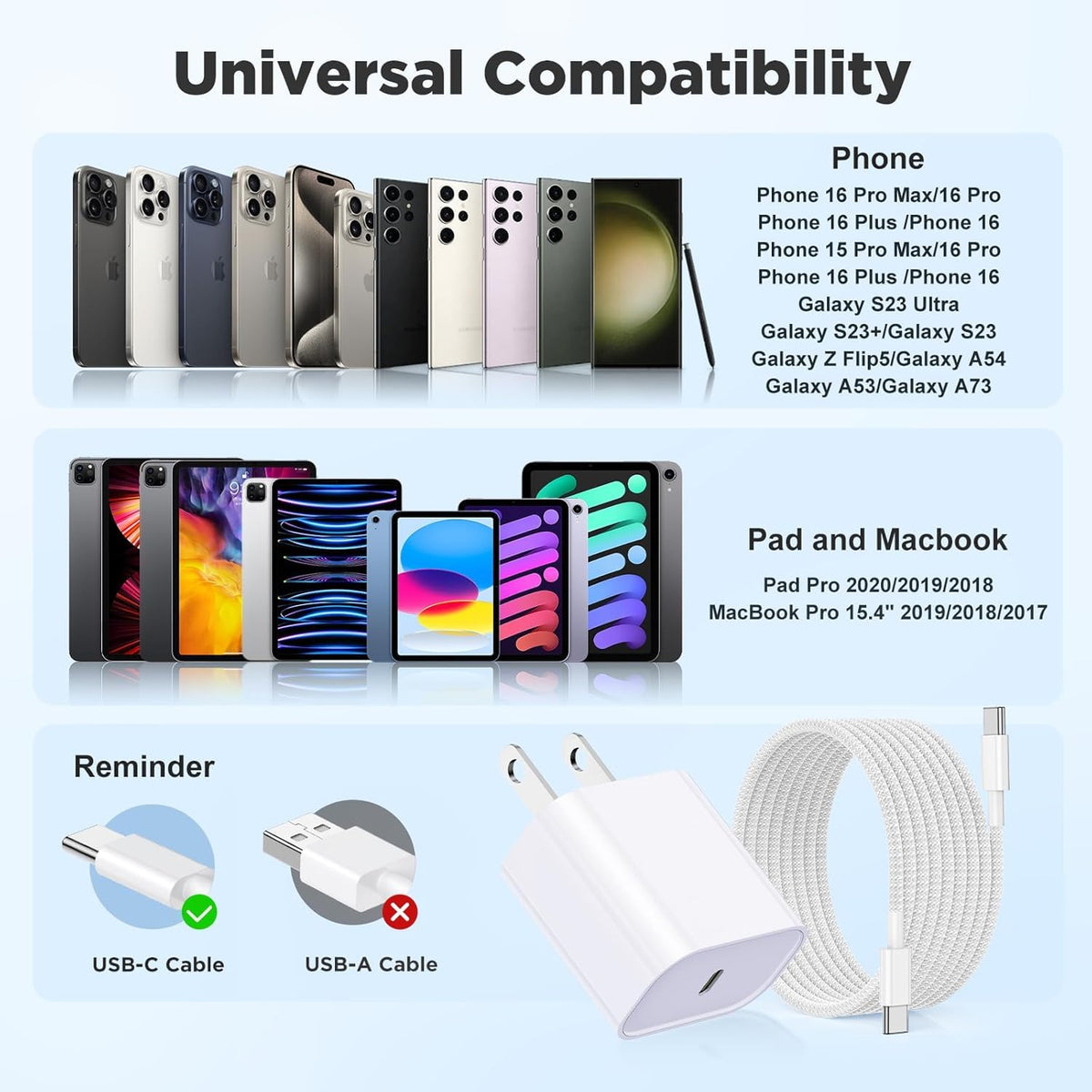 20W USB C Fast Charging for Iphone 17 Air/16/15 Pro Max,3Pack Colorful Mixed Charger Block with Braided Long USB C to C Cables (6/10Ft) Compatible with Iphone16/15 Pro/15 Plus/Ipad Pro