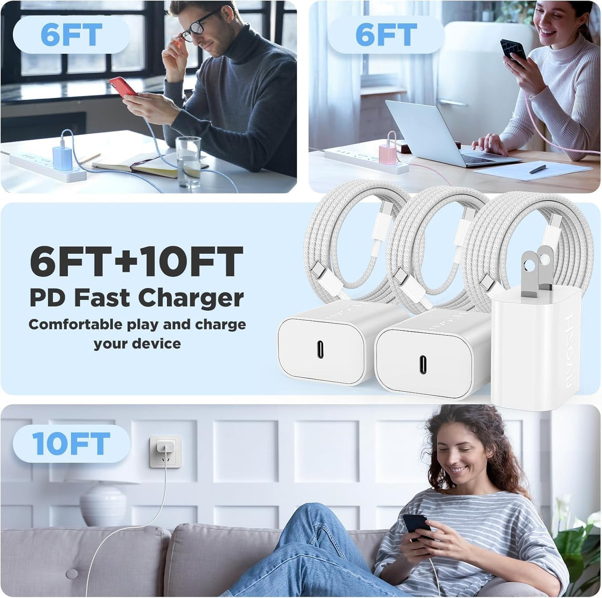 20W USB C Fast Charging for Iphone 17 Air/16/15 Pro Max,3Pack Colorful Mixed Charger Block with Braided Long USB C to C Cables (6/10Ft) Compatible with Iphone16/15 Pro/15 Plus/Ipad Pro