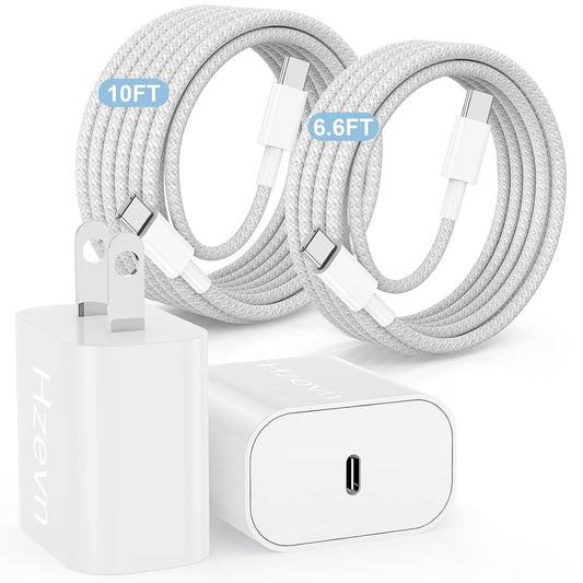 20W USB C Fast Charging for Iphone 17 Air/16/15 Pro Max,3Pack Colorful Mixed Charger Block with Braided Long USB C to C Cables (6/10Ft) Compatible with Iphone16/15 Pro/15 Plus/Ipad Pro