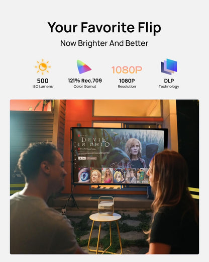 Elfin Flip plus Portable Projector, 500 ISO Lumens, Adjustable Stand